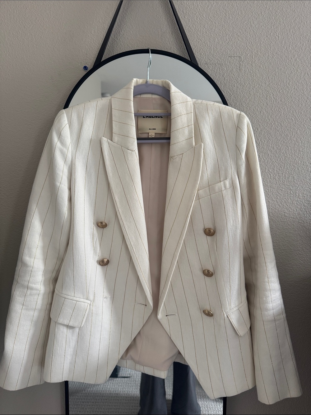 Cream Pinstripe Double-Breasted Blazer with Gold Buttons
